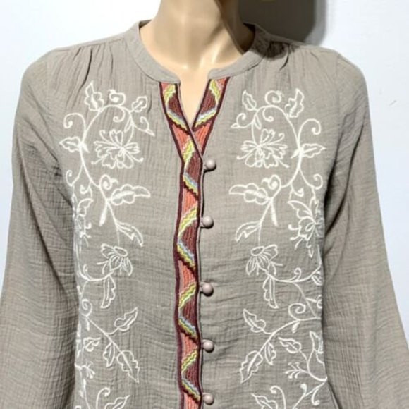 Coldwater Creek Shirt Button Front Size XS Embroidered Cotton Gauze Top - Picture 2 of 12